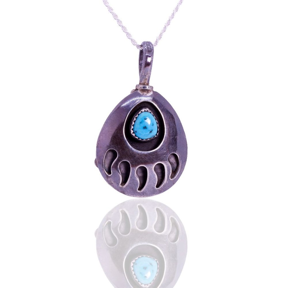Gary Henry Navajo Sterling Silver 925 Turquoise Two-Sided Bear Claw Pendant